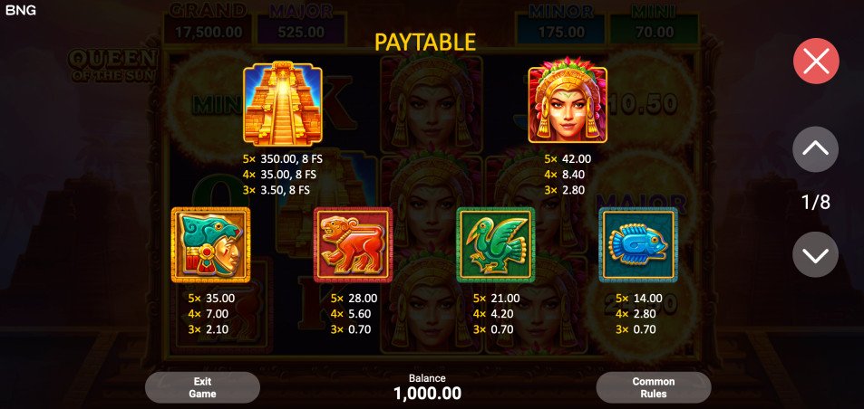 Paytable Queen of the sun Casino Game