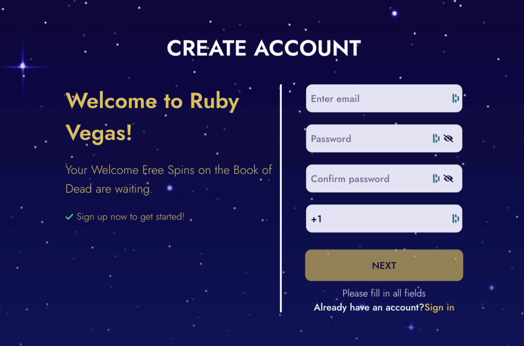 Processus d'inscription Ruby Vegas Casino