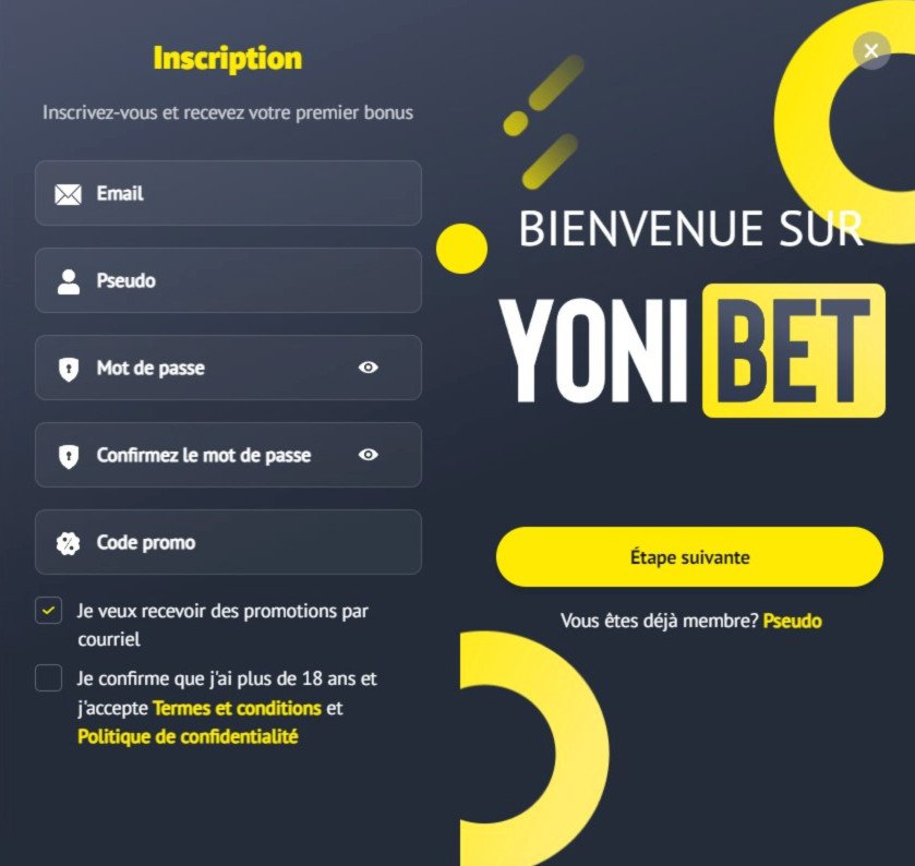 Processus d'inscription Yonibet Casino